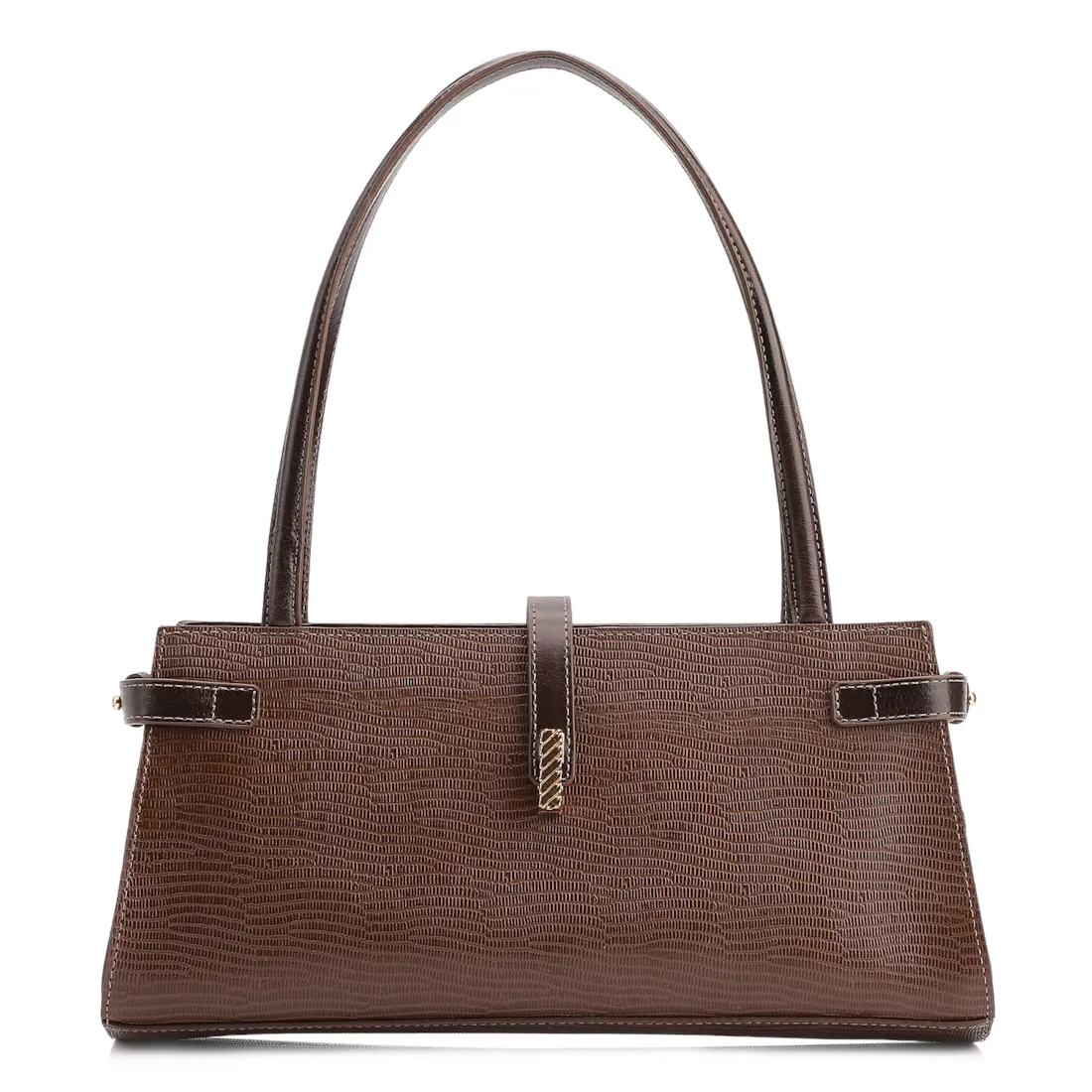 Bolsa De Ombro Couro Lezard  Marrom Escuro/Couro  Marrom Escuro