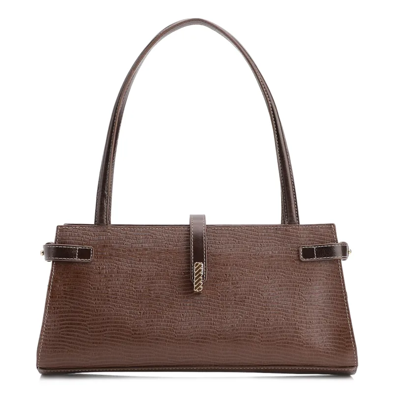 Bolsa De Ombro Couro Lezard  Marrom Escuro/Couro  Marrom Escuro