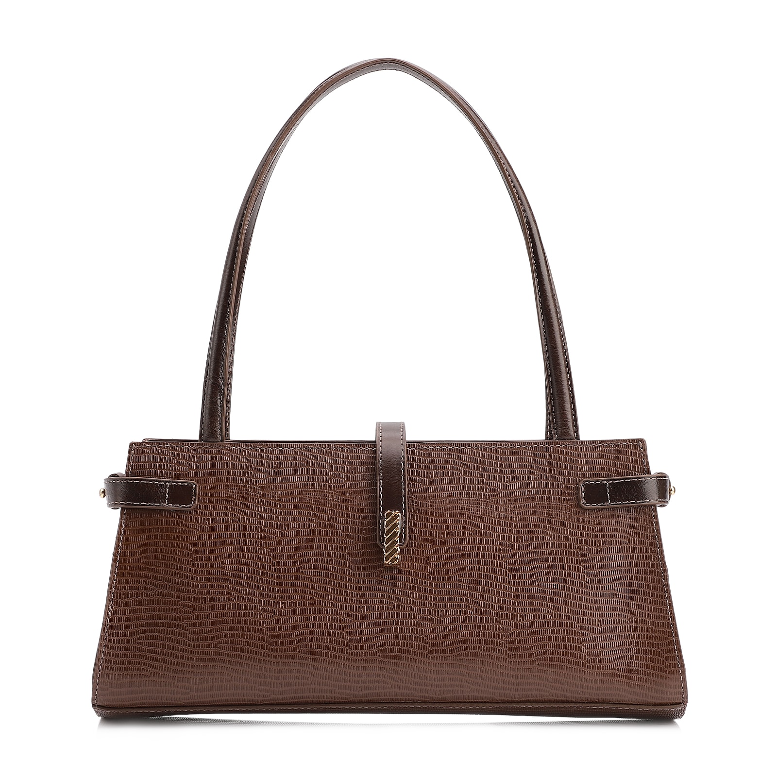 Bolsa De Ombro Couro Lezard Marrom Escuro/Couro Marrom Escuro