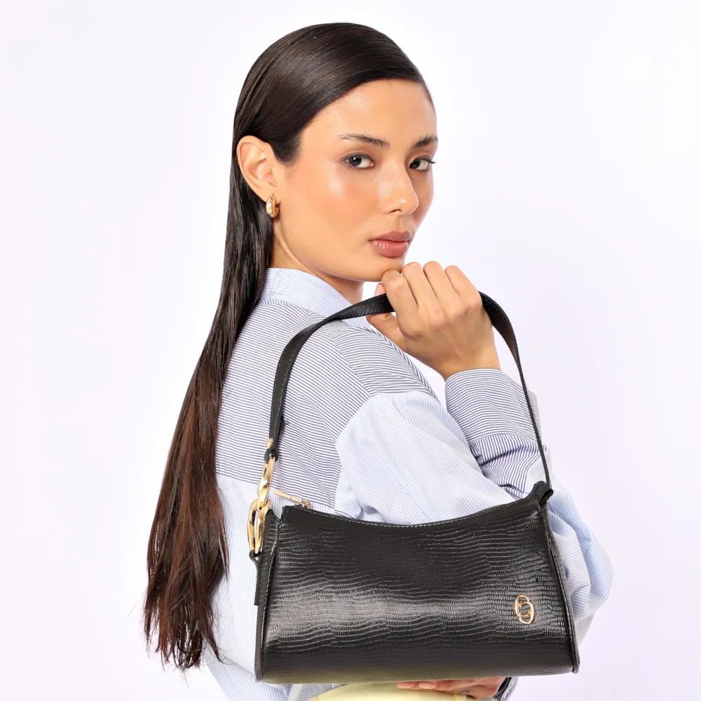 Bolsa De Ombro Couro Lezard Preto - imagem 2