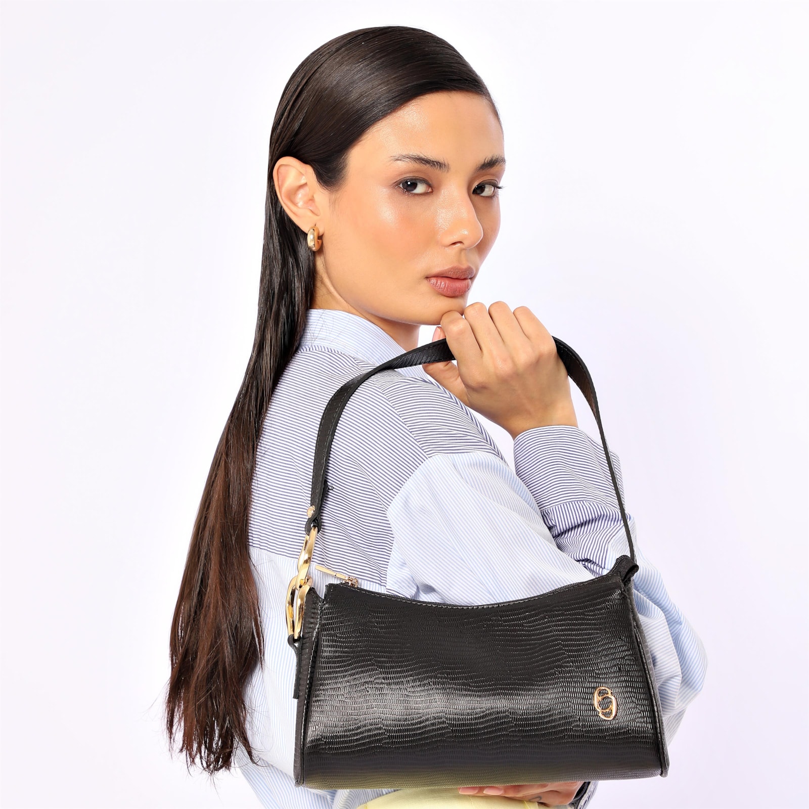 Bolsa De Ombro Couro Lezard Preto