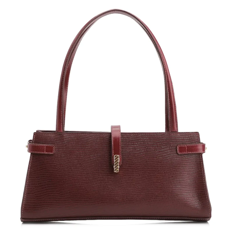 Bolsa De Ombro Couro Lezard Vinho /Couro Vinho