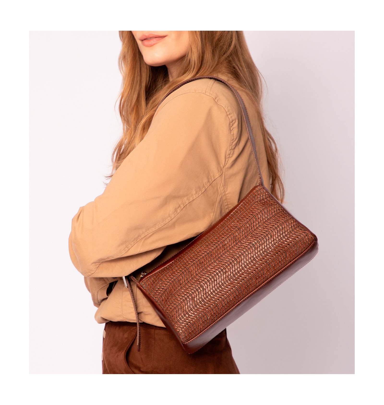 Bolsa De Ombro Couro Marrom/Alt Tramado Marrom