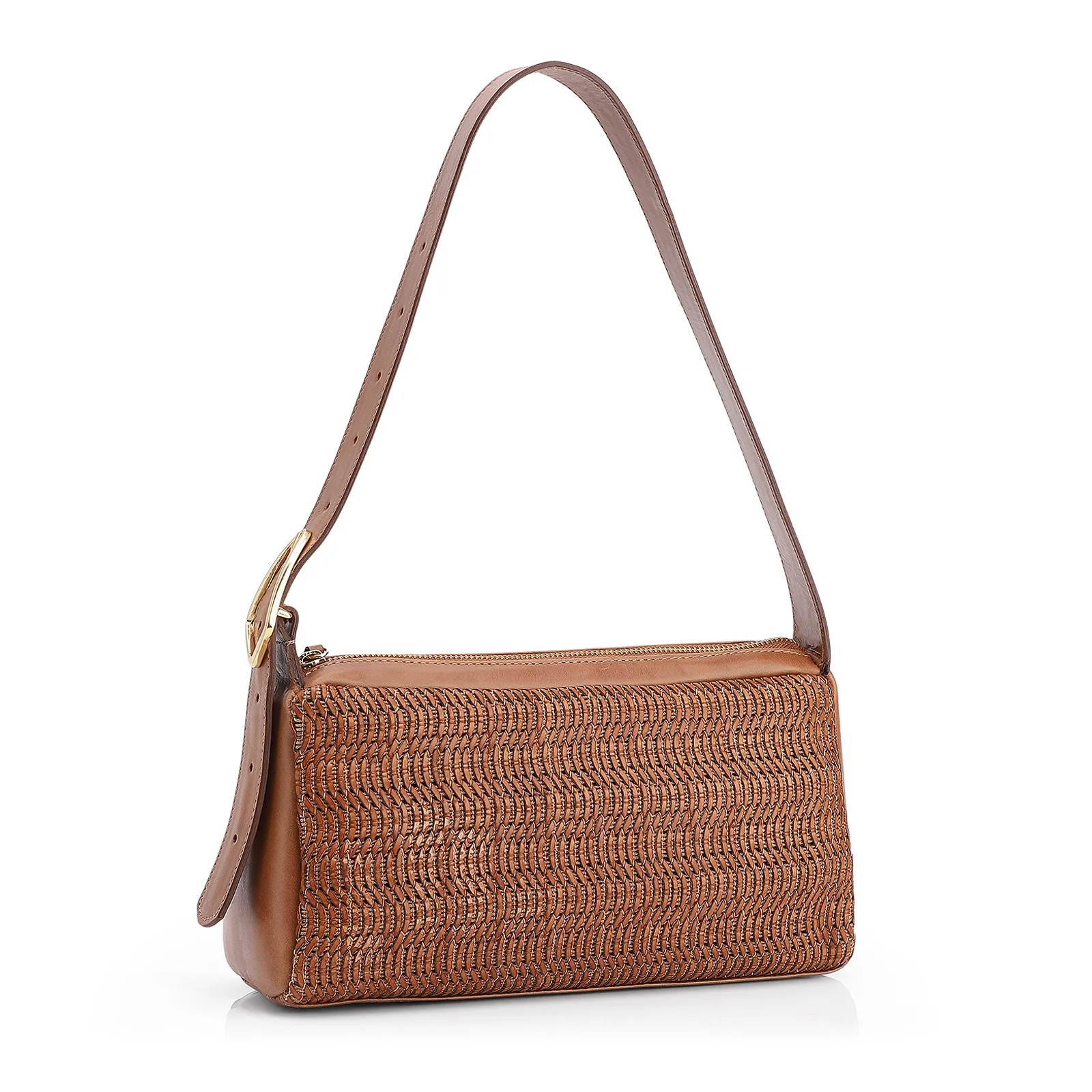 Bolsa De Ombro Couro Marrom Claro/Alt Tramado Marrom Claro