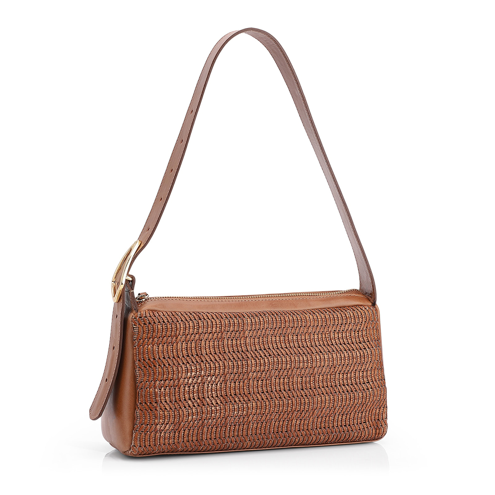 Bolsa De Ombro Couro Marrom Claro/Alt Tramado Marrom Claro