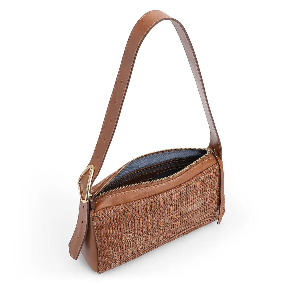 Bolsa De Ombro Couro Marrom Claro/Alt Tramado Marrom Claro - imagem 4