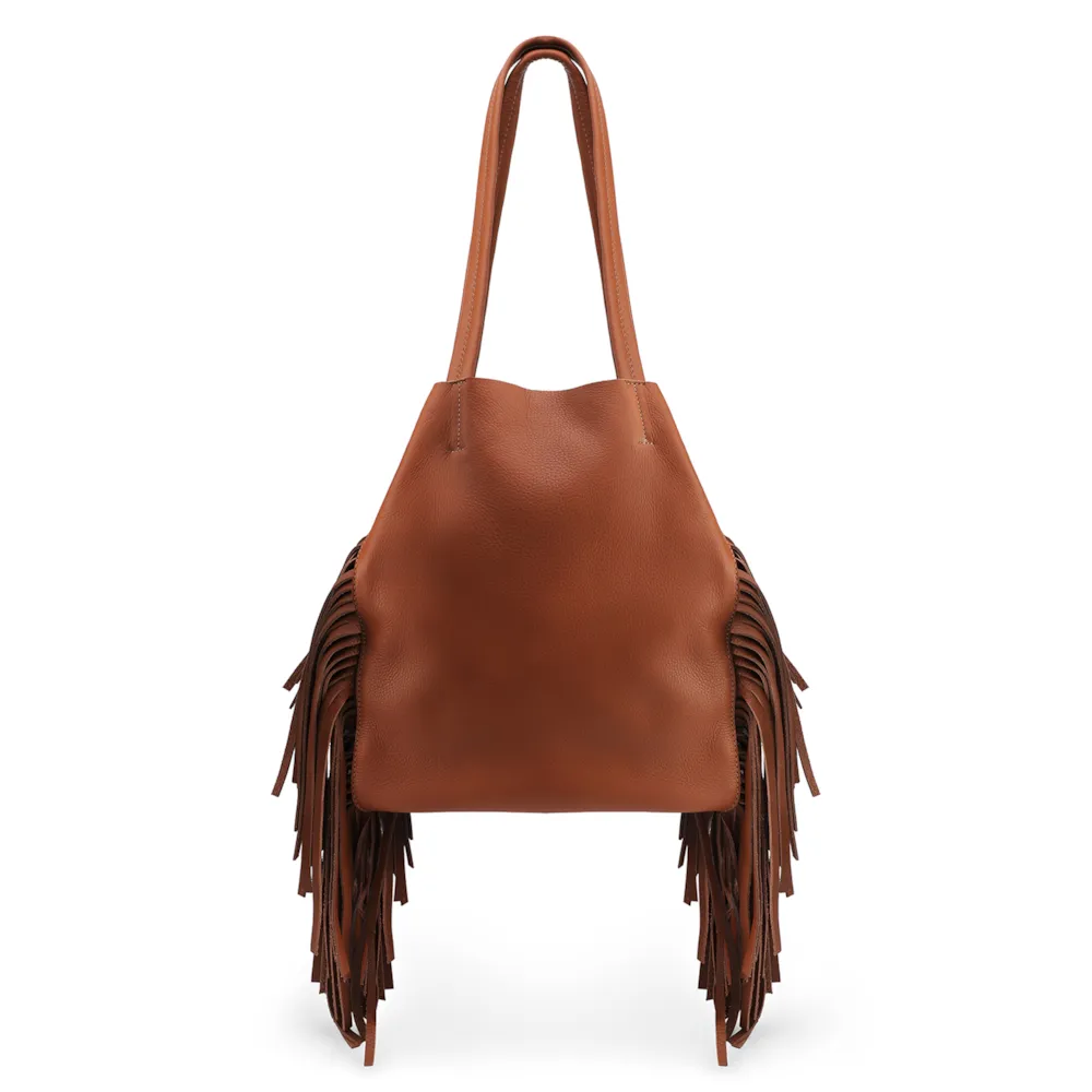 Bolsa De Ombro Couro Marrom Claro Franjas - imagem 3