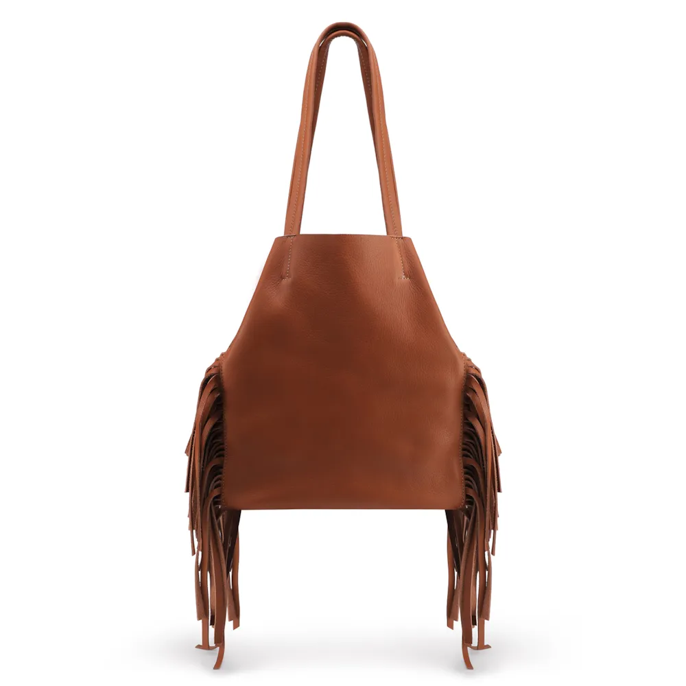 Bolsa De Ombro Couro Marrom Claro Franjas