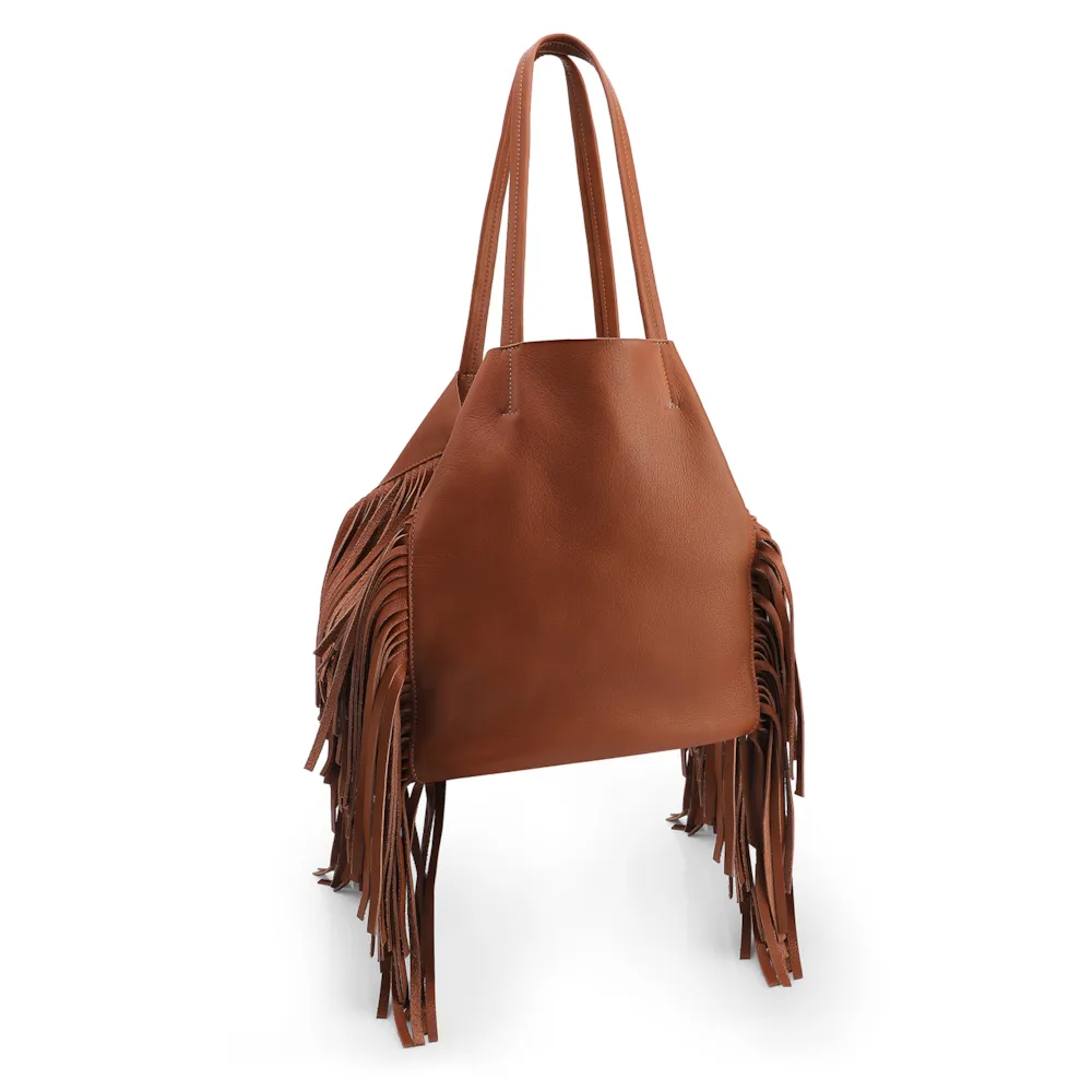Bolsa De Ombro Couro Marrom Claro Franjas - imagem 2