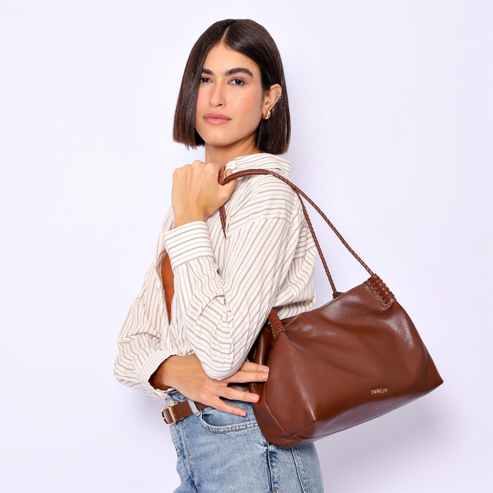Bolsa De Ombro Couro Marrom Escuro /Couro Nobuck Marrom Escuro