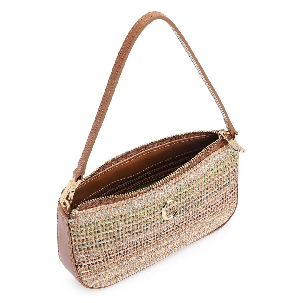 Bolsa De Ombro Couro Marrom/Ráfia Colorida - imagem 4