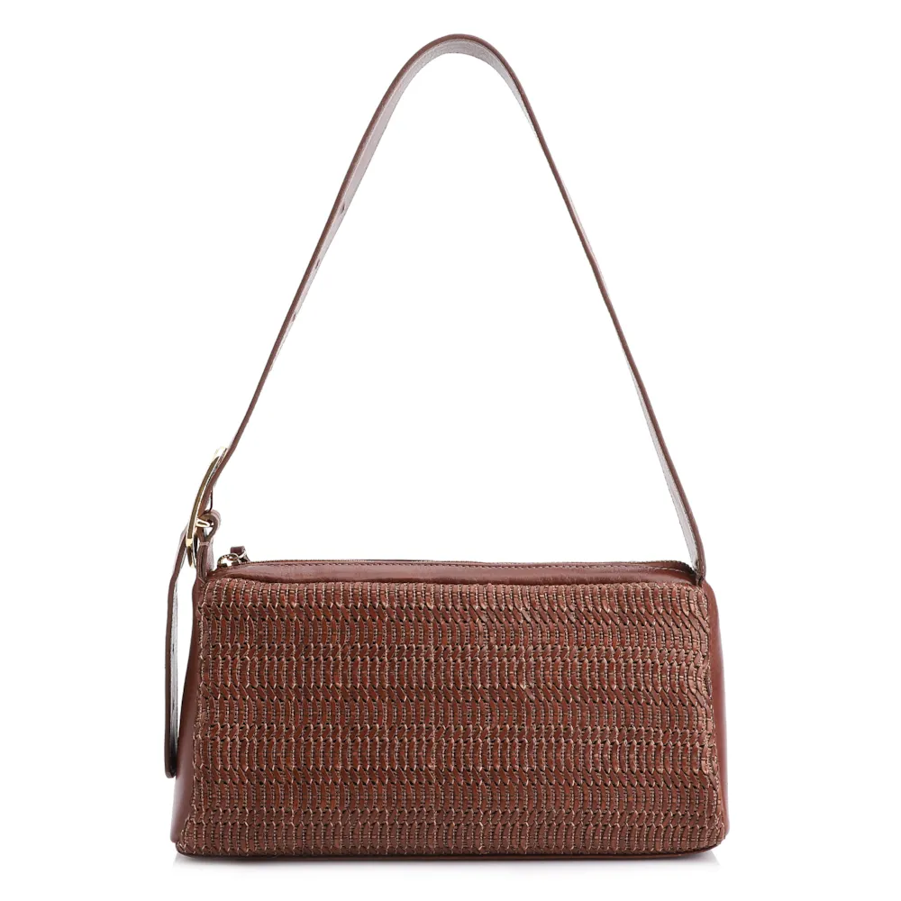 Bolsa De Ombro Couro Marrom/Ráfia Marrom