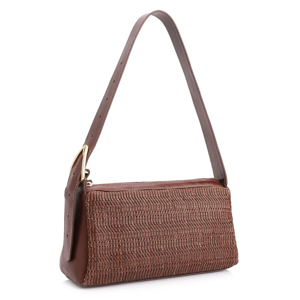 Bolsa De Ombro Couro Marrom/Ráfia Marrom - imagem 2