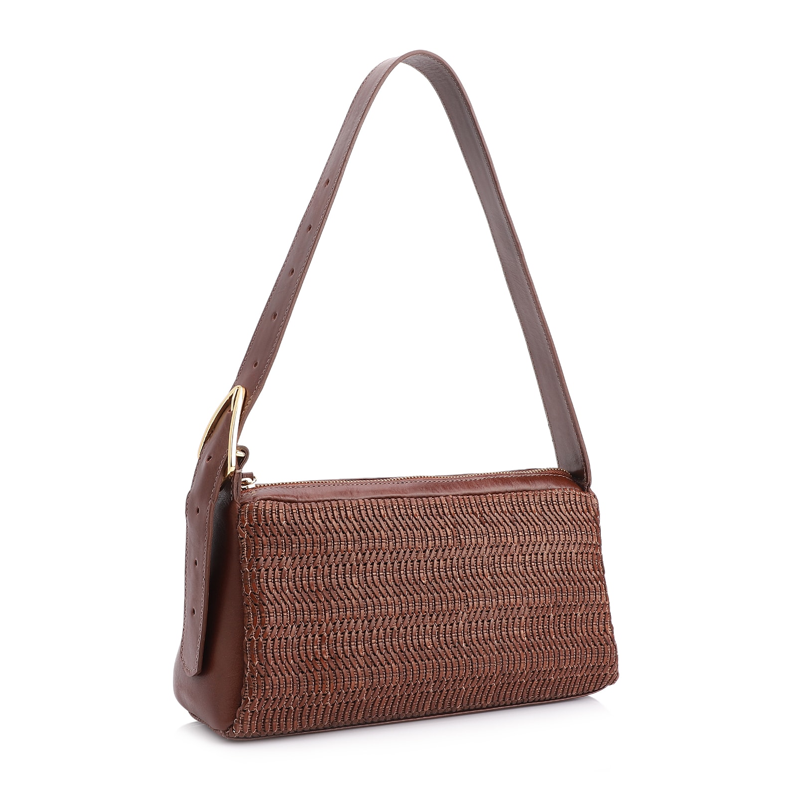 Bolsa De Ombro Couro Marrom/Ráfia Marrom