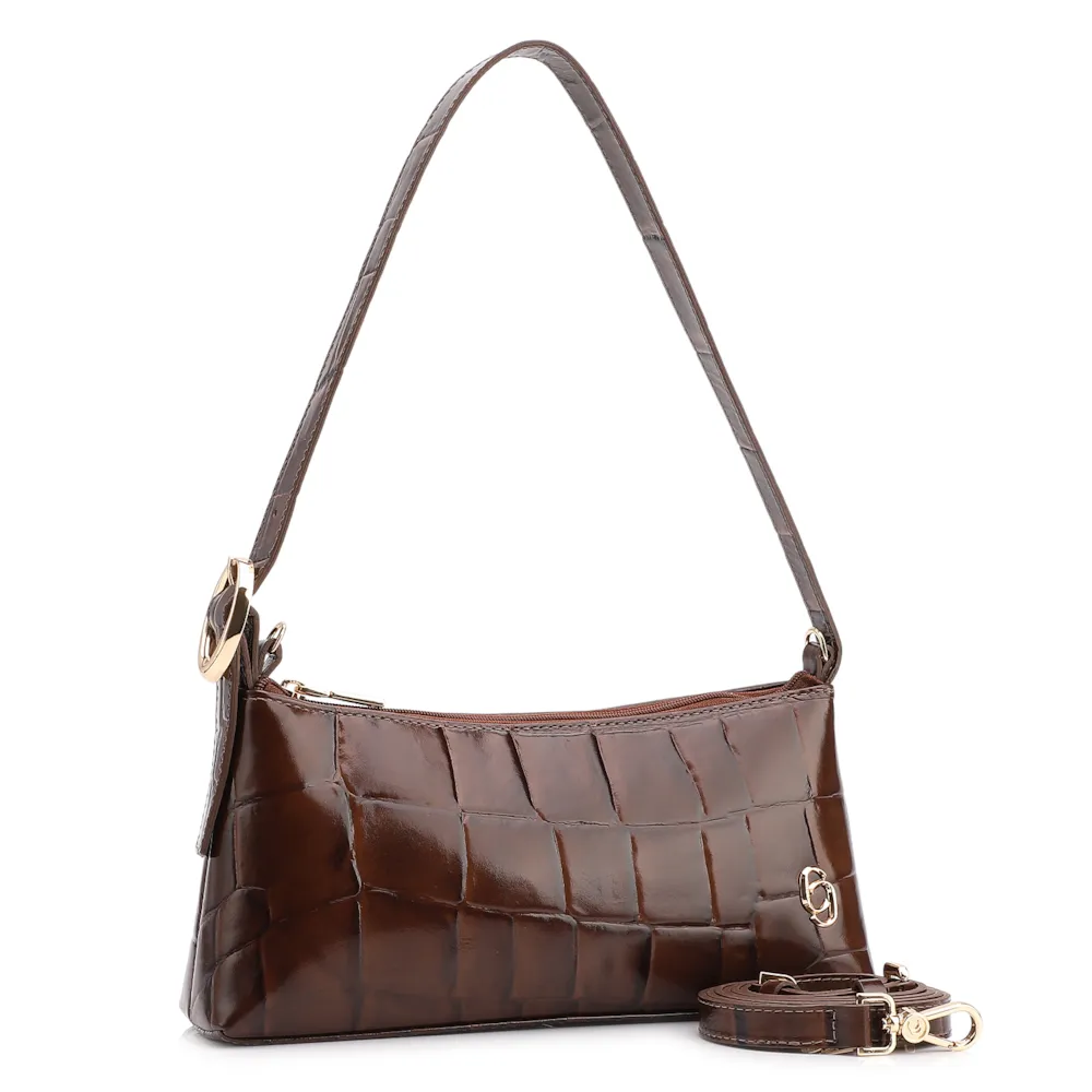  Bolsa De Ombro Couro Maxi Croco Marrom - imagem 3