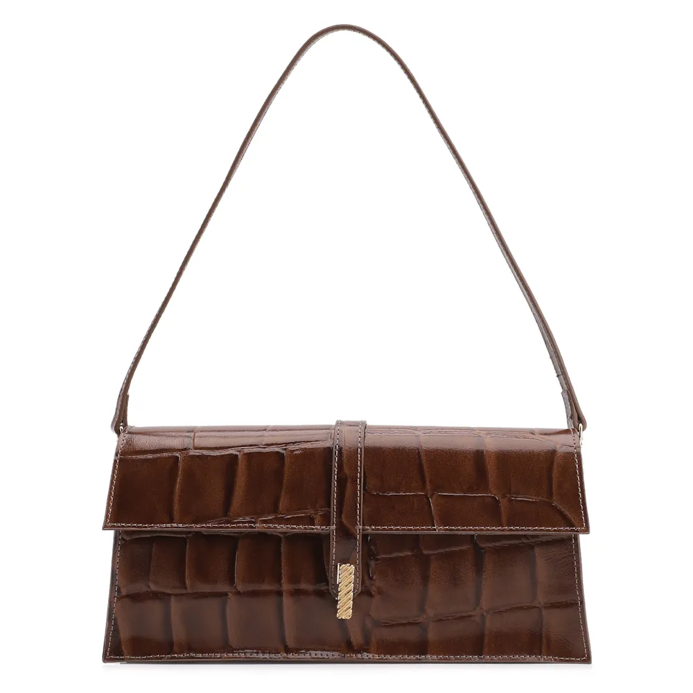 Bolsa De Ombro Couro Maxi Croco Marrom