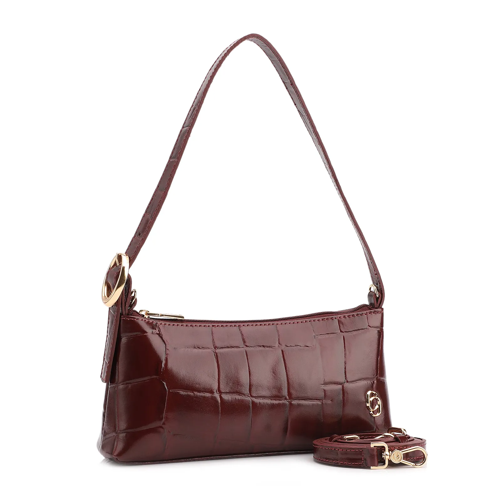 Bolsa De Ombro Couro Maxi Croco Vinho
