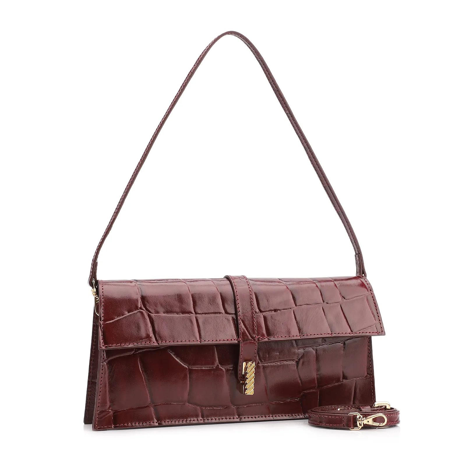 Bolsa De Ombro Couro Maxi Croco Vinho