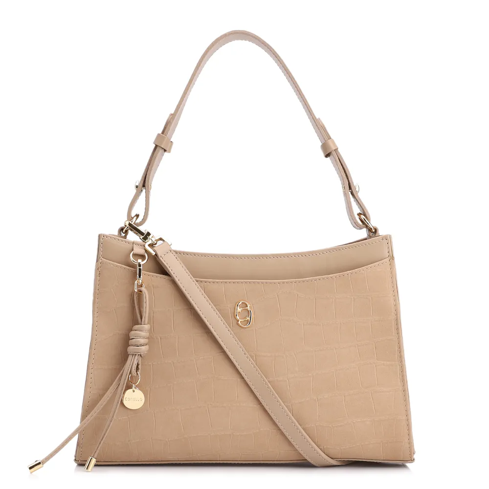 Bolsa De Ombro Couro Nobuck Croco/Couro Bege