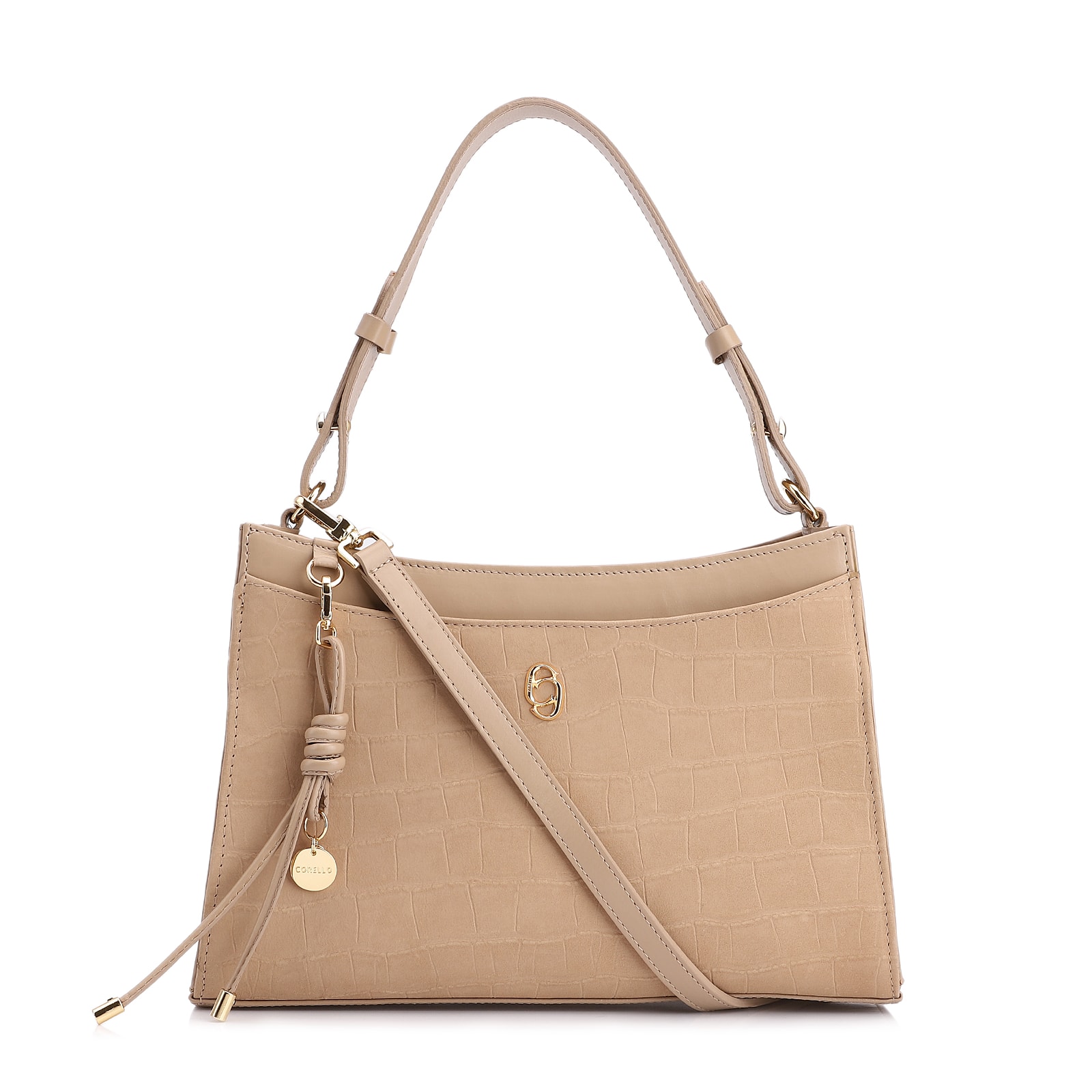 Bolsa De Ombro Couro Nobuck Croco/Couro Bege