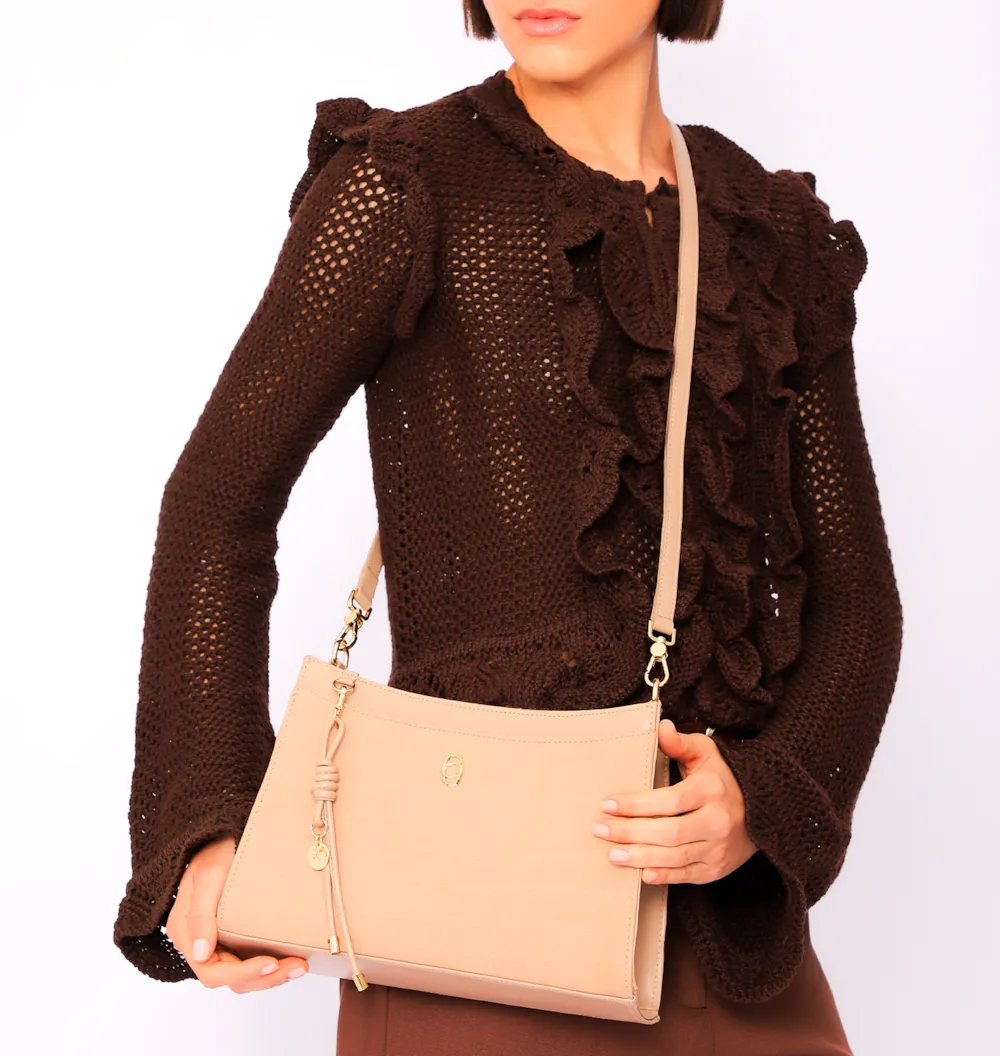 Bolsa De Ombro Couro Nobuck Croco/Couro Bege - imagem 9