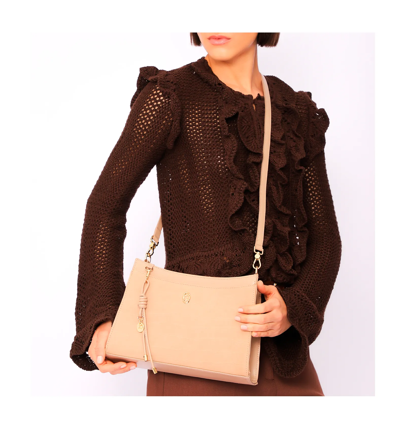 Bolsa De Ombro Couro Nobuck Croco/Couro Bege