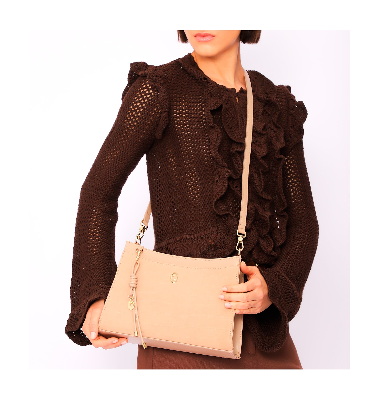 Bolsa De Ombro Couro Nobuck Croco/Couro Bege