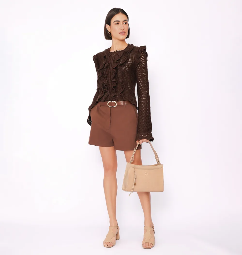 Bolsa De Ombro Couro Nobuck Croco/Couro Bege - imagem 10
