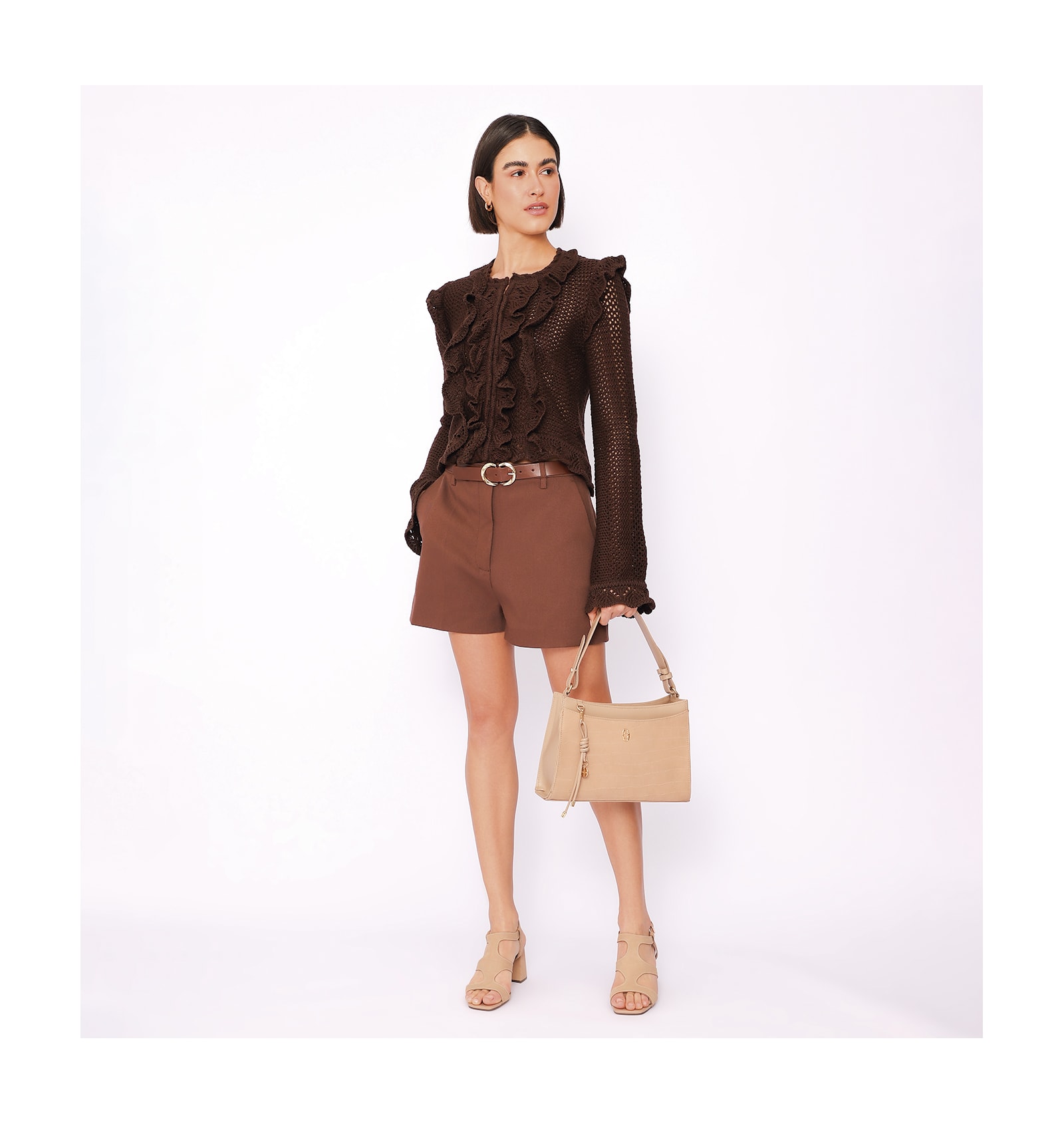 Bolsa De Ombro Couro Nobuck Croco/Couro Bege
