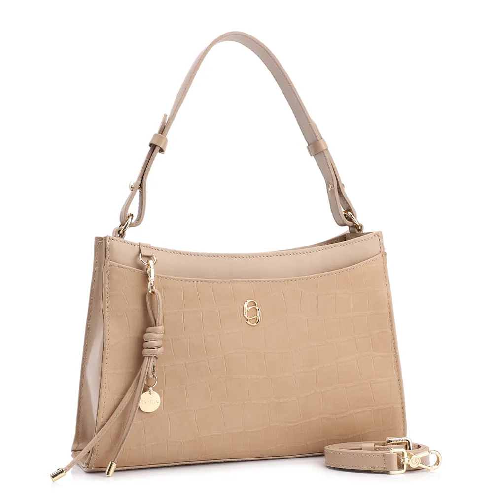 Bolsa De Ombro Couro Nobuck Croco/Couro Bege - imagem 3