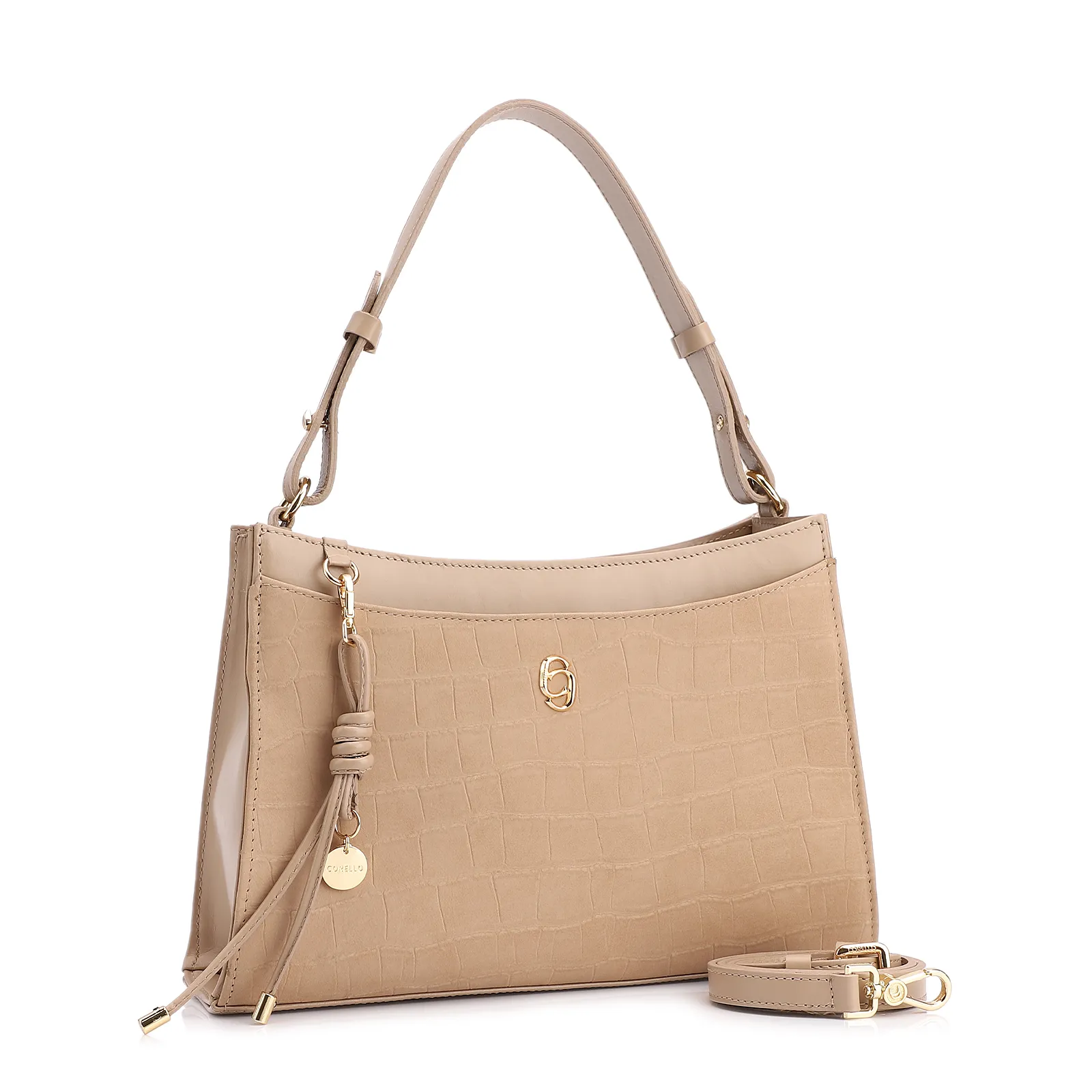 Bolsa De Ombro Couro Nobuck Croco/Couro Bege