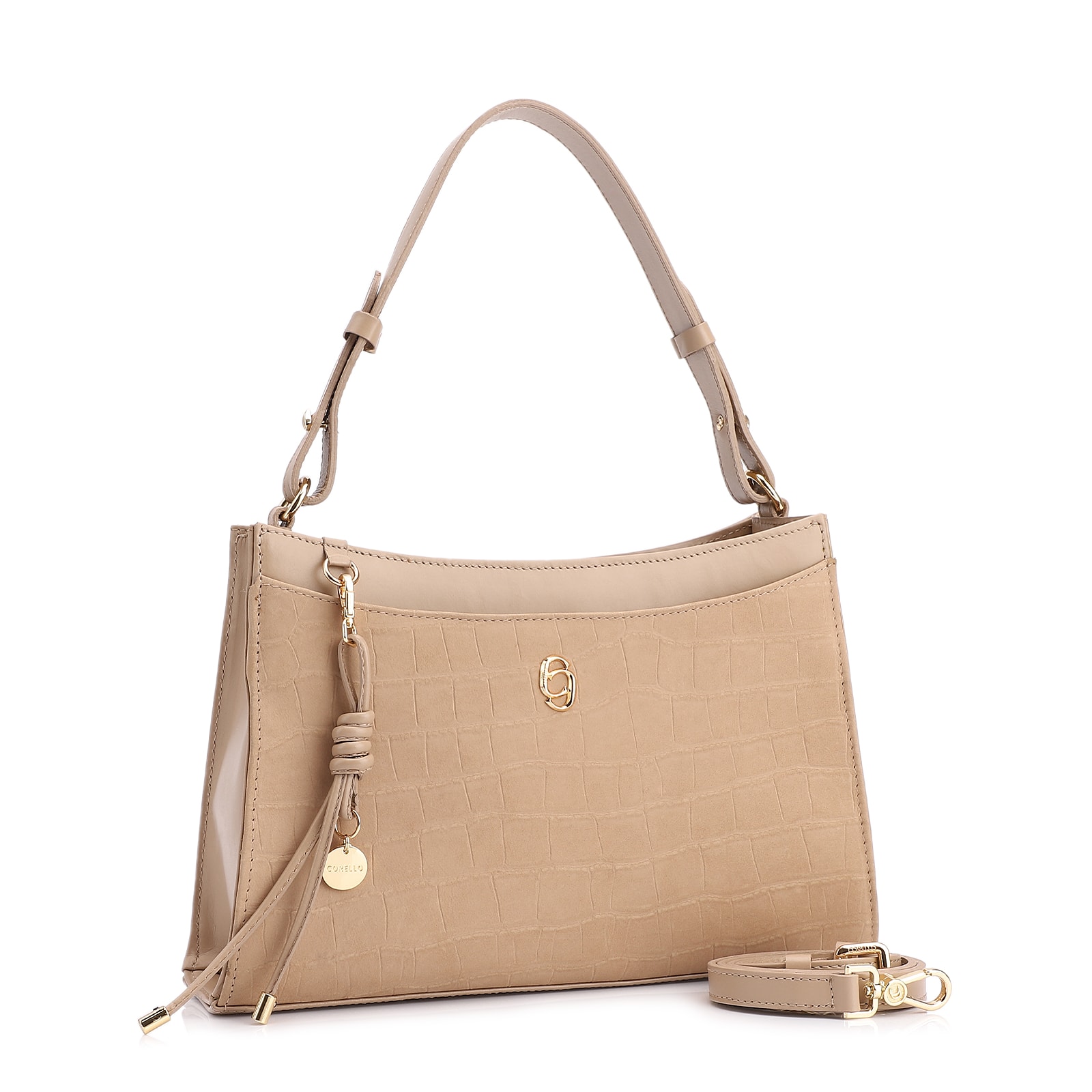 Bolsa De Ombro Couro Nobuck Croco/Couro Bege