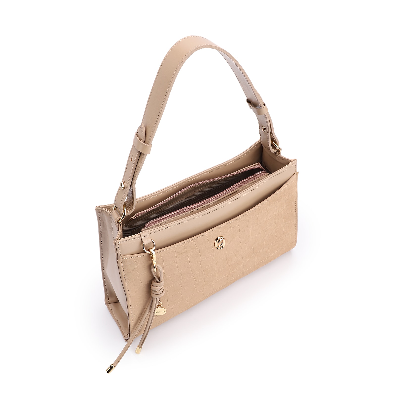 Bolsa De Ombro Couro Nobuck Croco/Couro Bege