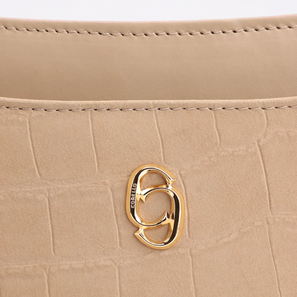 Bolsa De Ombro Couro Nobuck Croco/Couro Bege - imagem 7