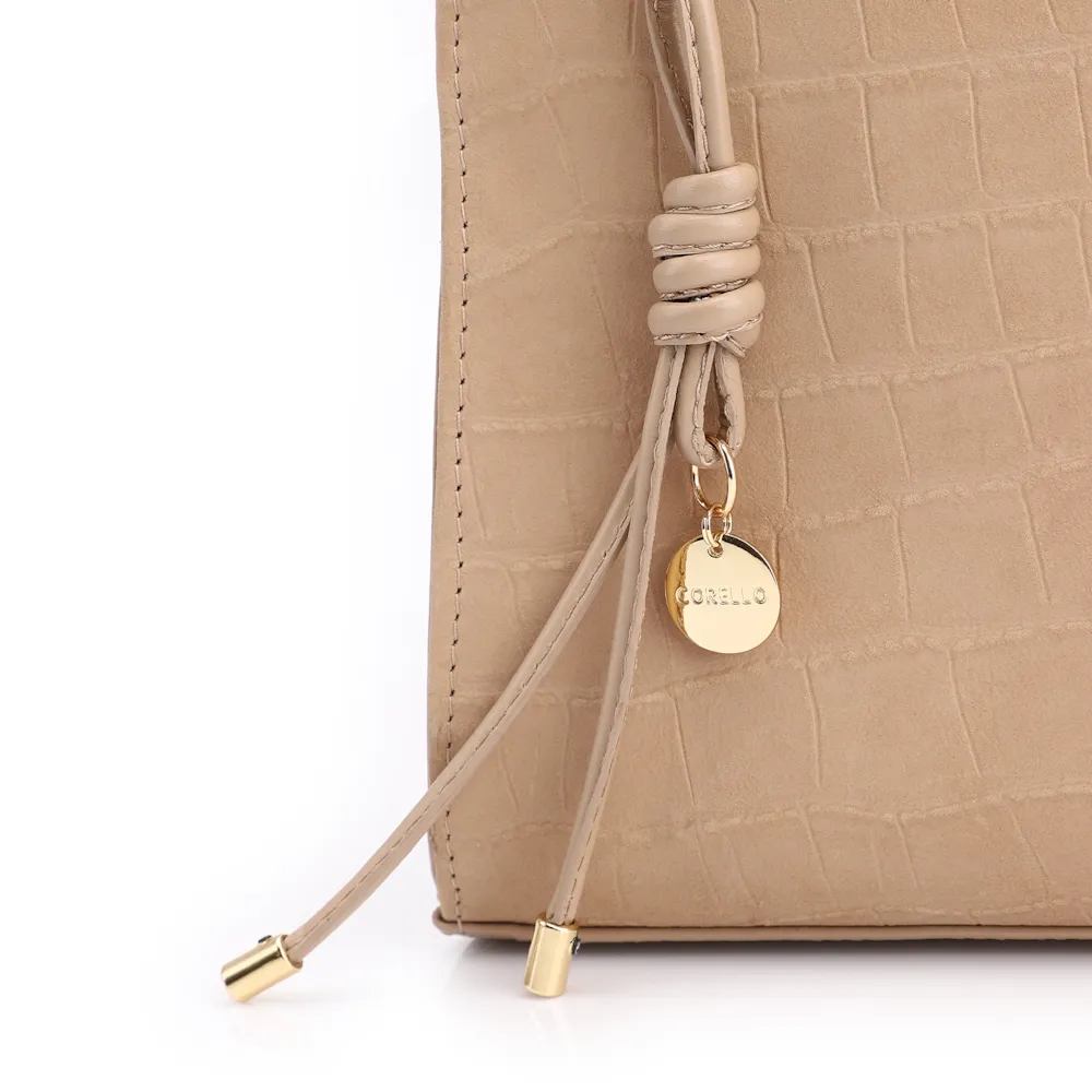Bolsa De Ombro Couro Nobuck Croco/Couro Bege - imagem 8