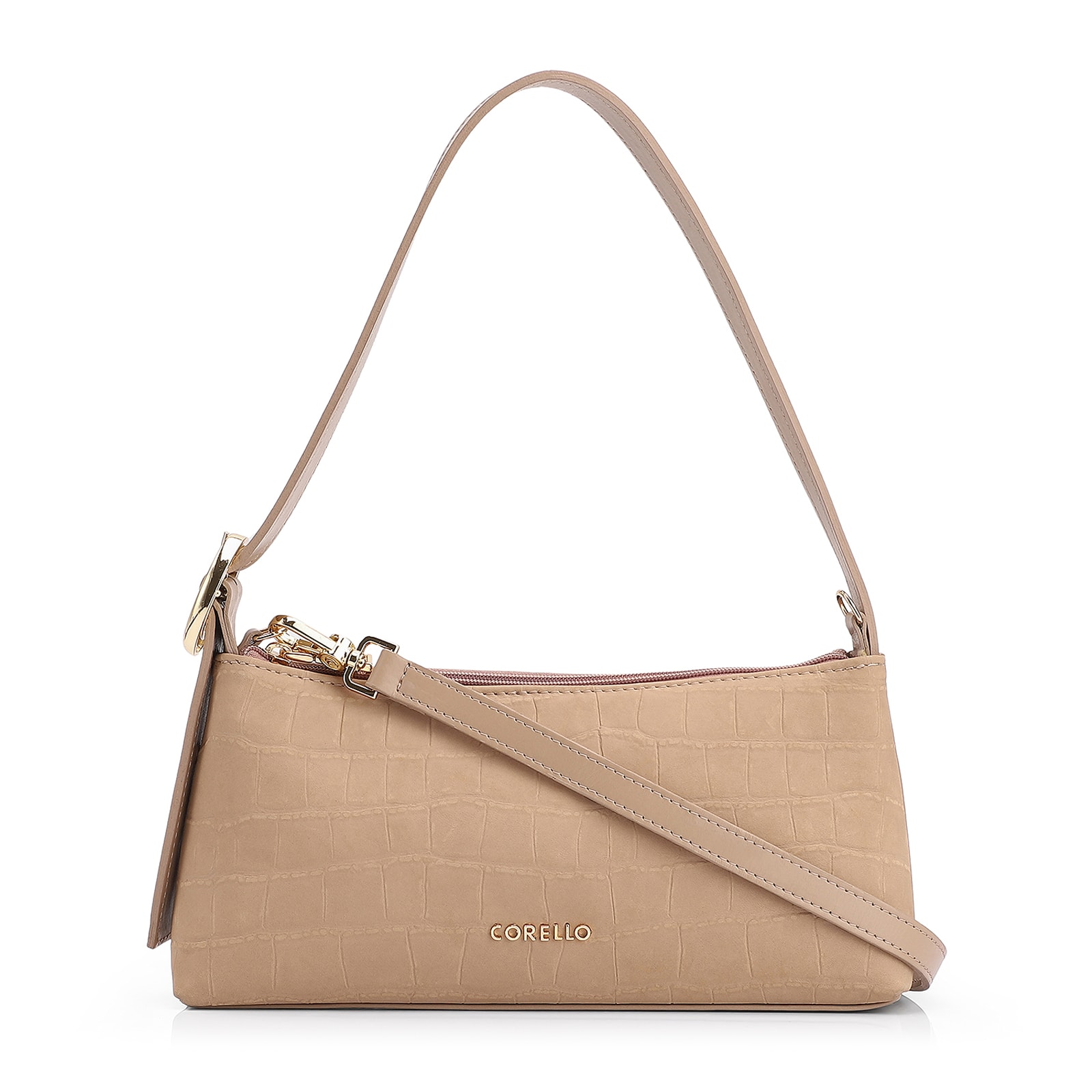 Bolsa De Ombro Couro Nobuck Croco/Couro Bege