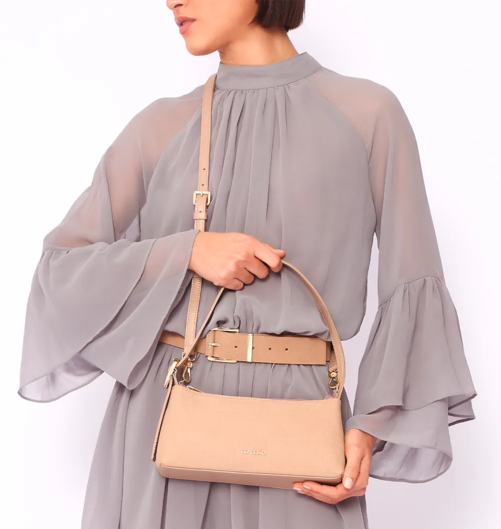 Bolsa De Ombro Couro Nobuck Croco/Couro Bege - imagem 8