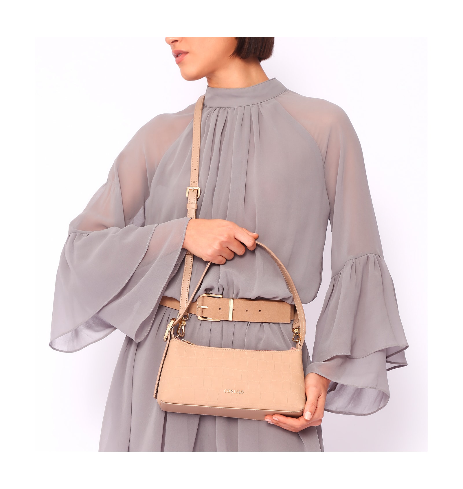 Bolsa De Ombro Couro Nobuck Croco/Couro Bege