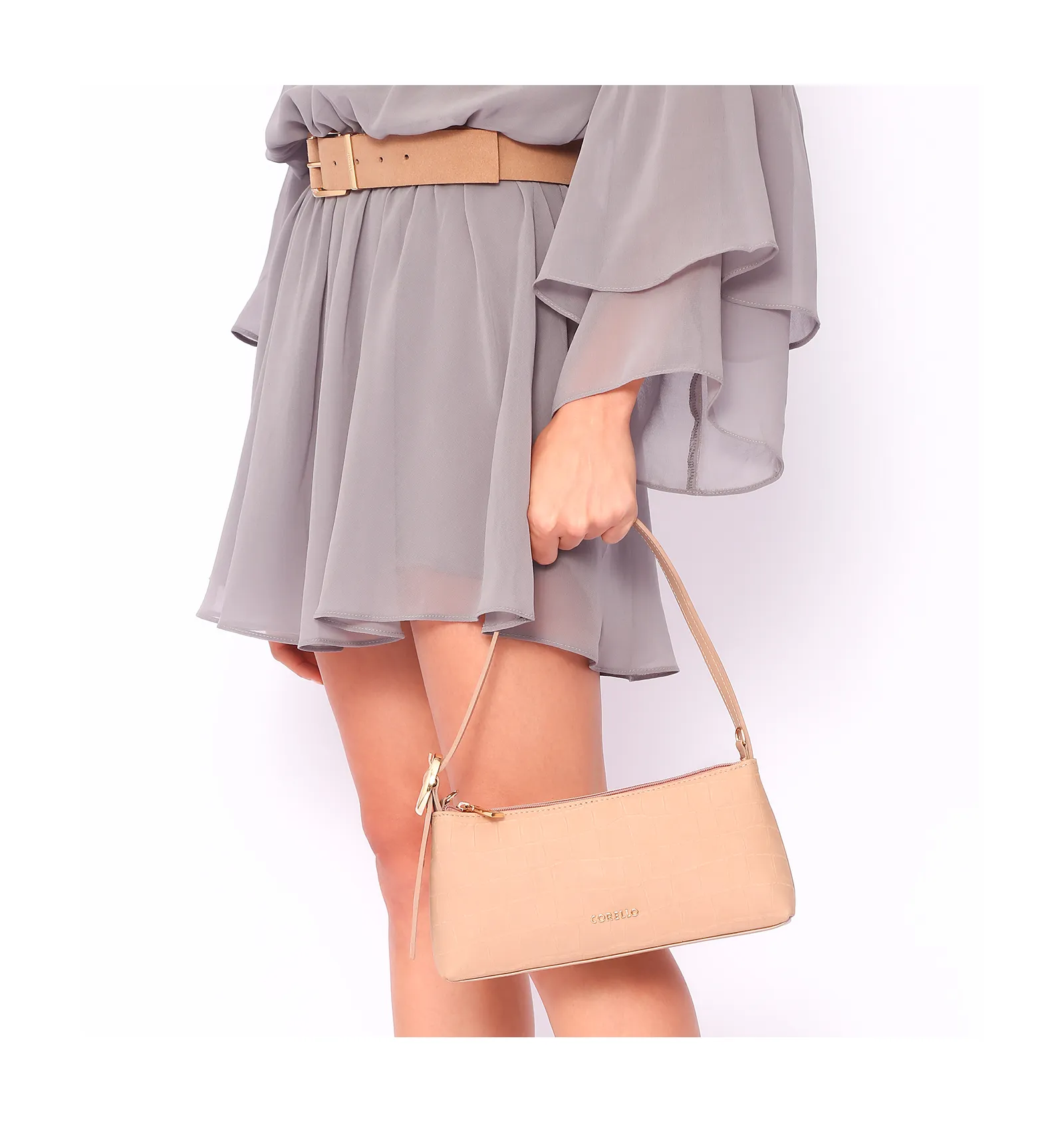 Bolsa De Ombro Couro Nobuck Croco/Couro Bege