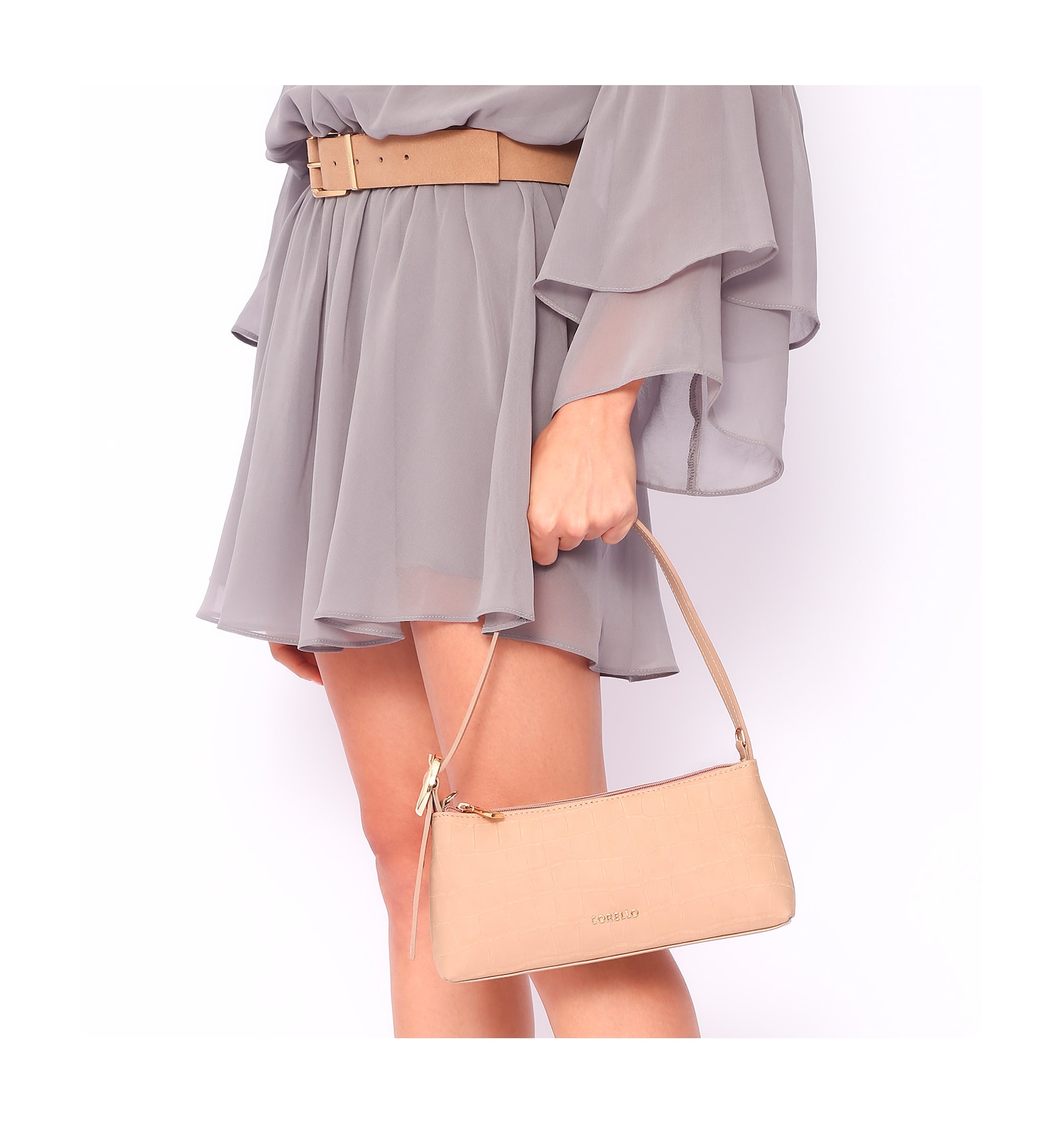 Bolsa De Ombro Couro Nobuck Croco/Couro Bege