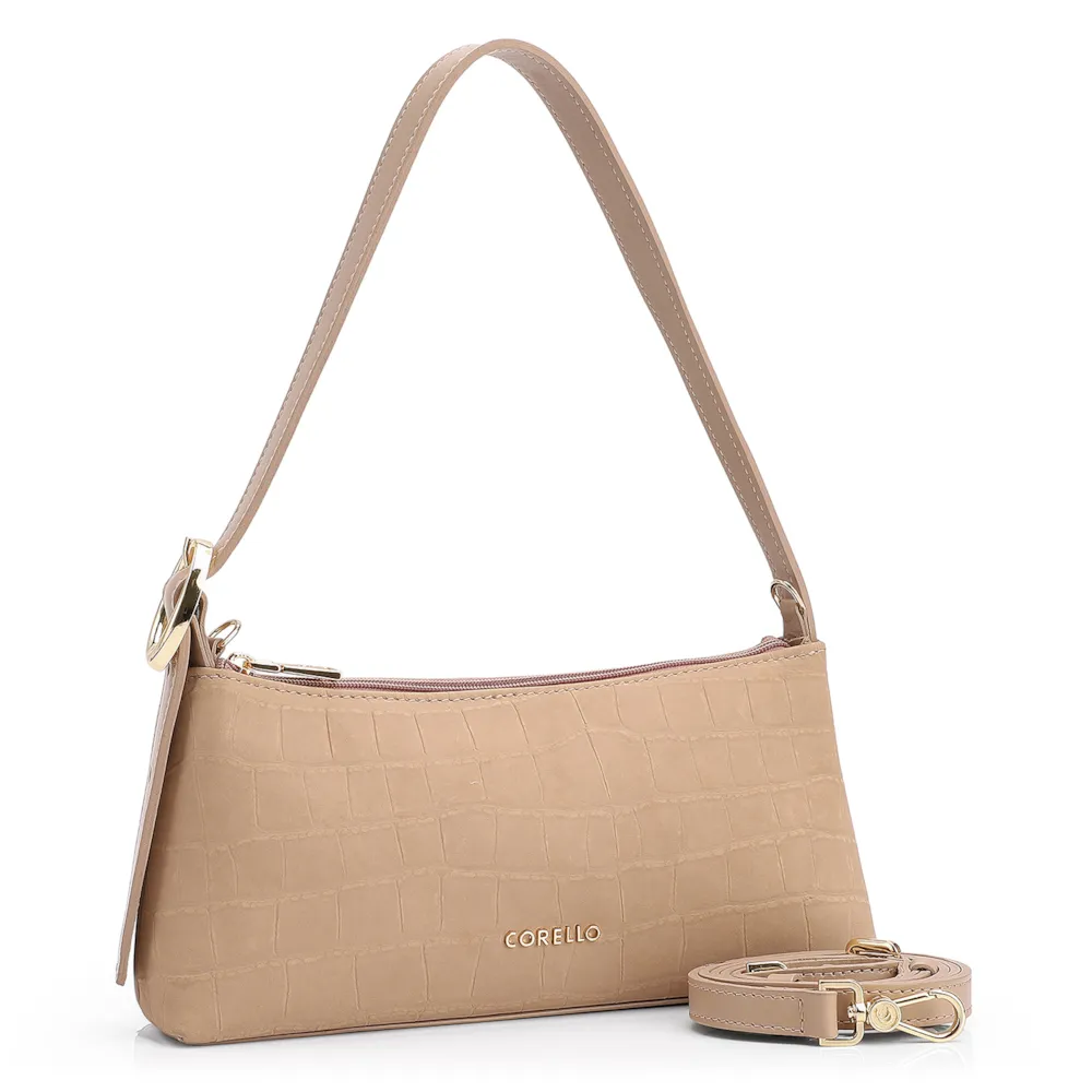 Bolsa De Ombro Couro Nobuck Croco/Couro Bege - imagem 3