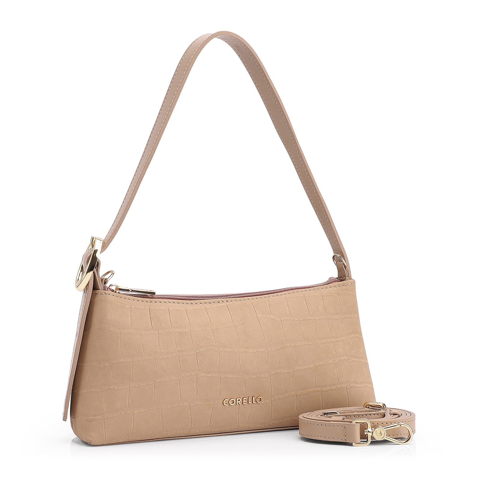 Bolsa De Ombro Couro Nobuck Croco/Couro Bege
