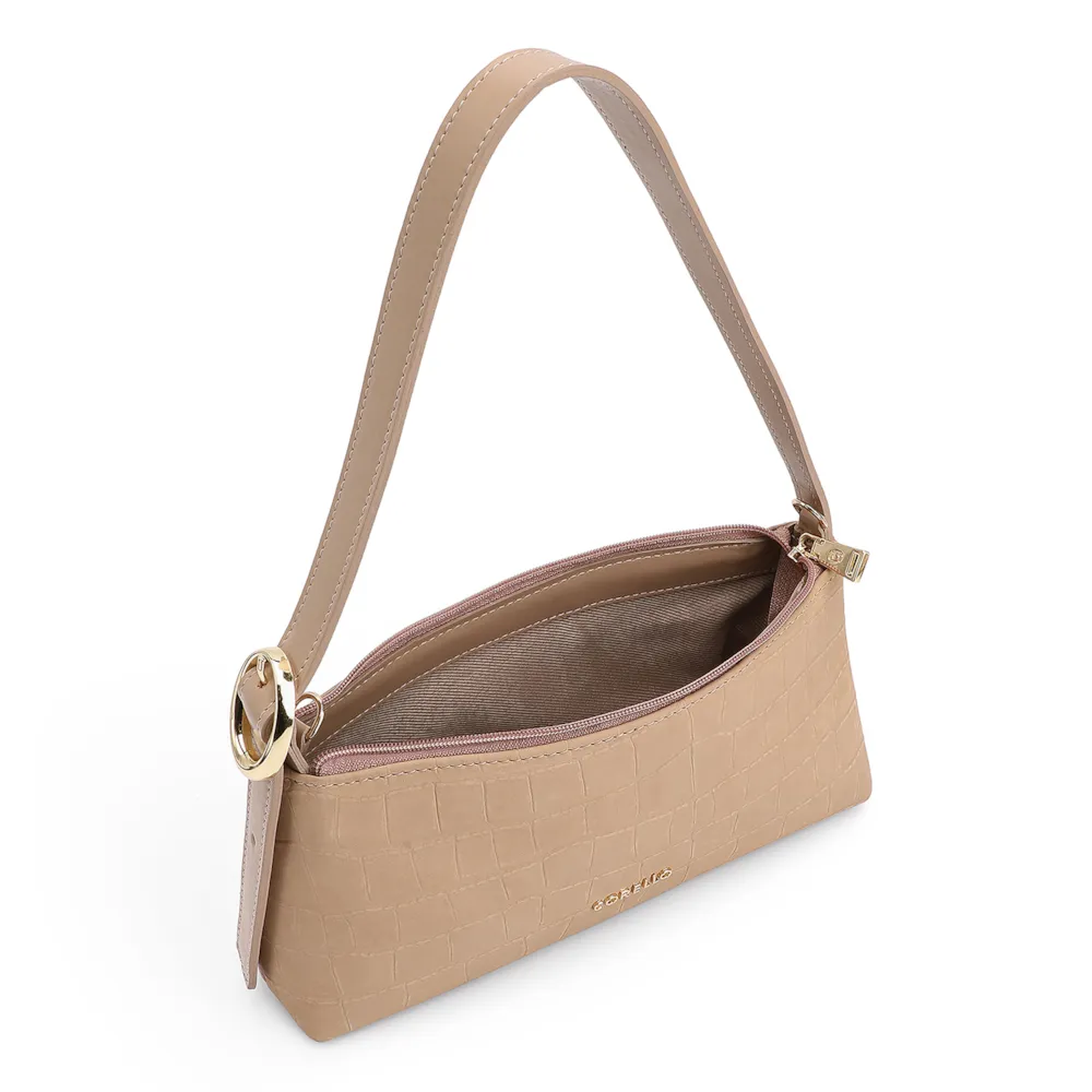 Bolsa De Ombro Couro Nobuck Croco/Couro Bege - imagem 5
