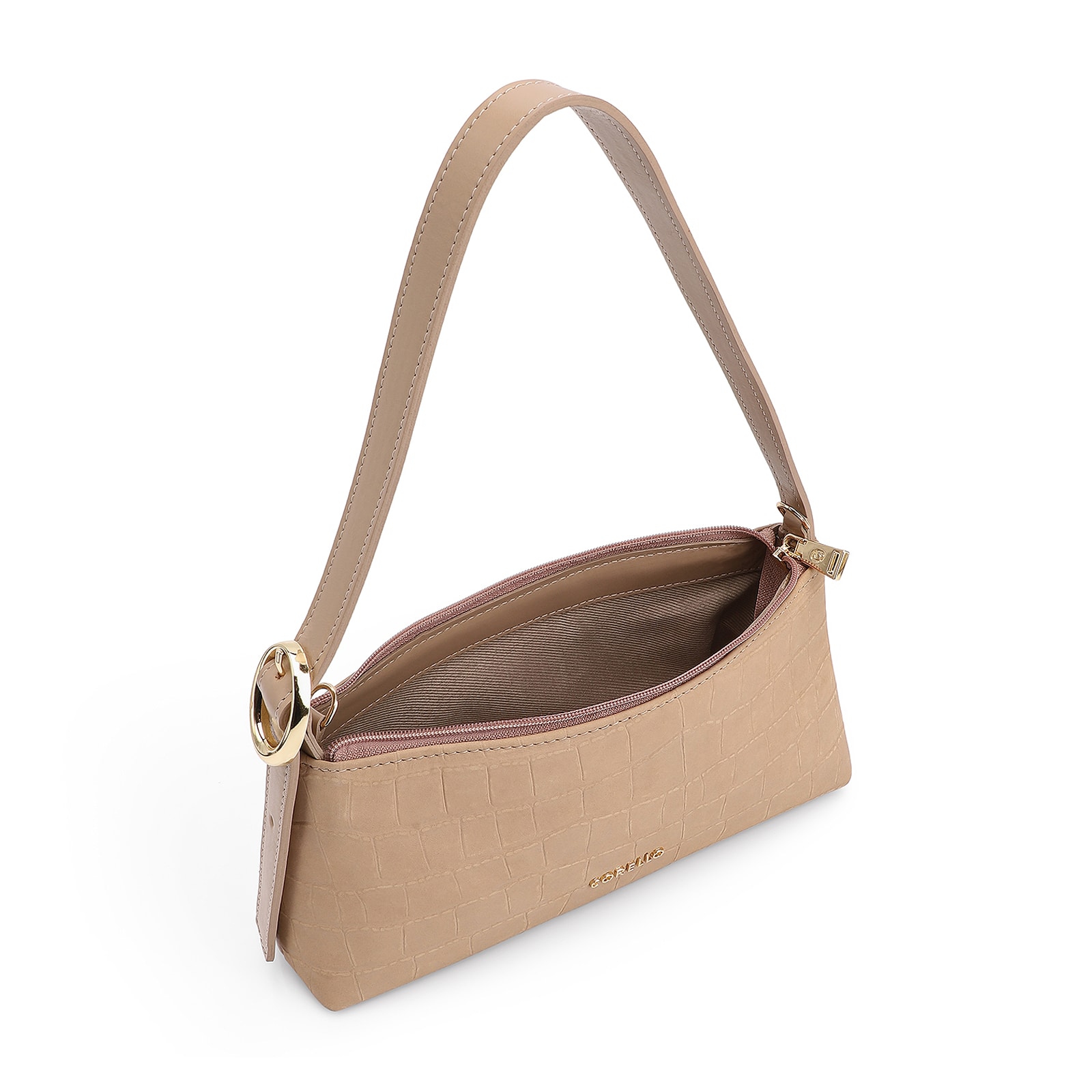 Bolsa De Ombro Couro Nobuck Croco/Couro Bege