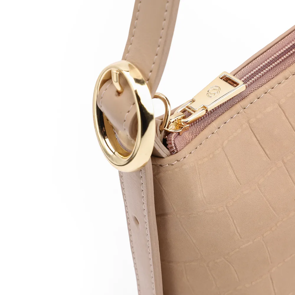 Bolsa De Ombro Couro Nobuck Croco/Couro Bege - imagem 6