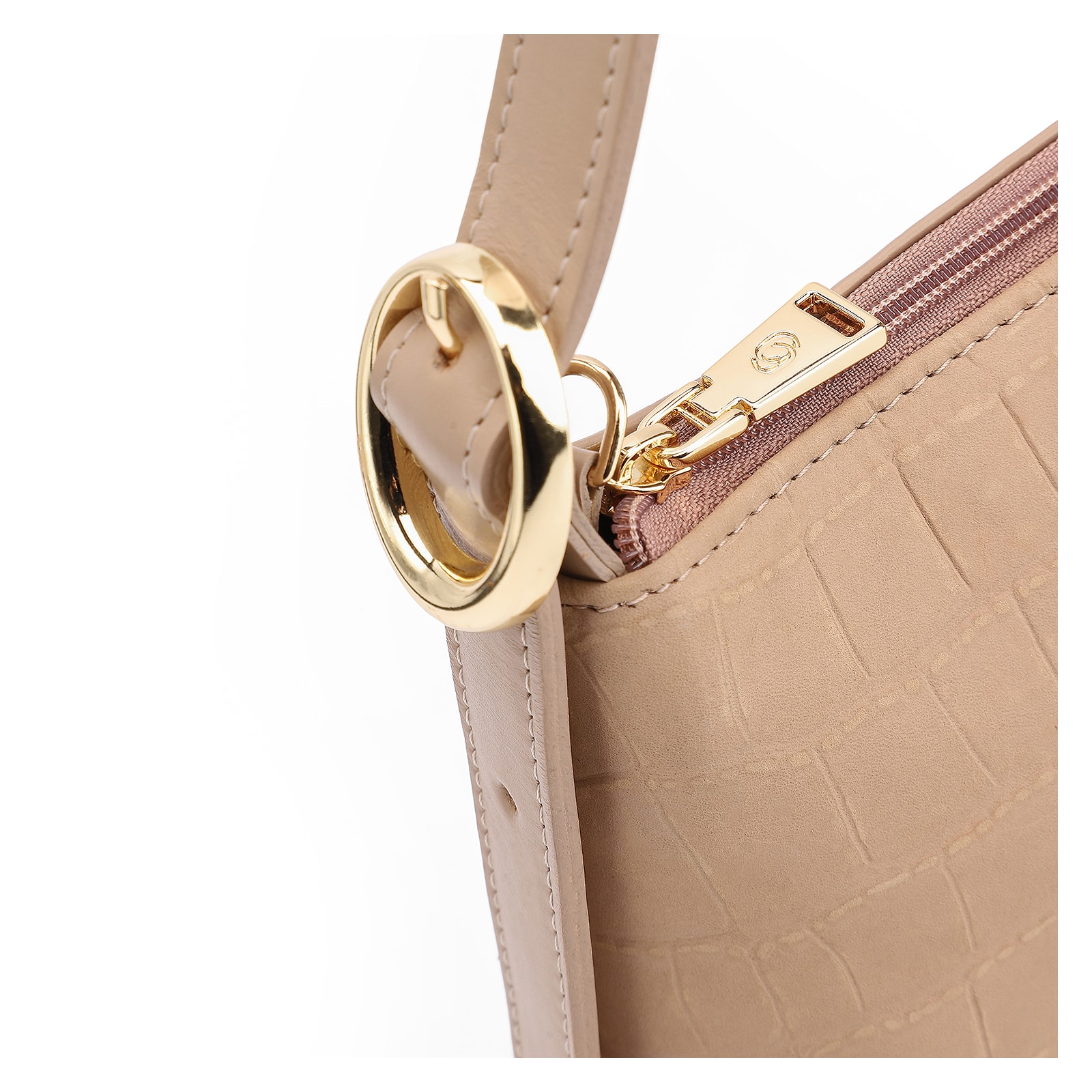 Bolsa De Ombro Couro Nobuck Croco/Couro Bege