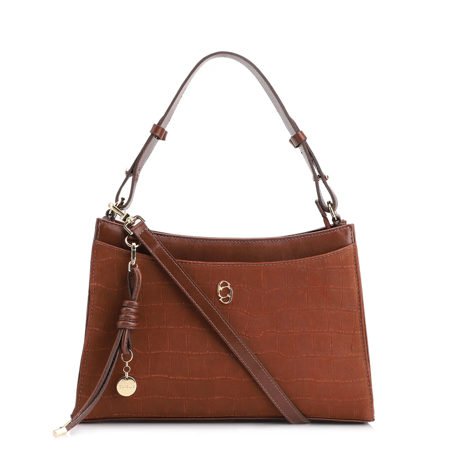 Bolsa De Ombro Couro Nobuck Croco/Couro Marrom
