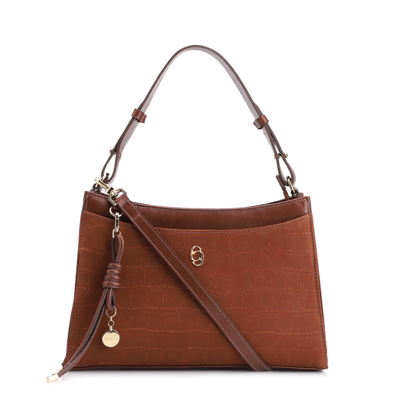 Bolsa De Ombro Couro Nobuck Croco/Couro Marrom