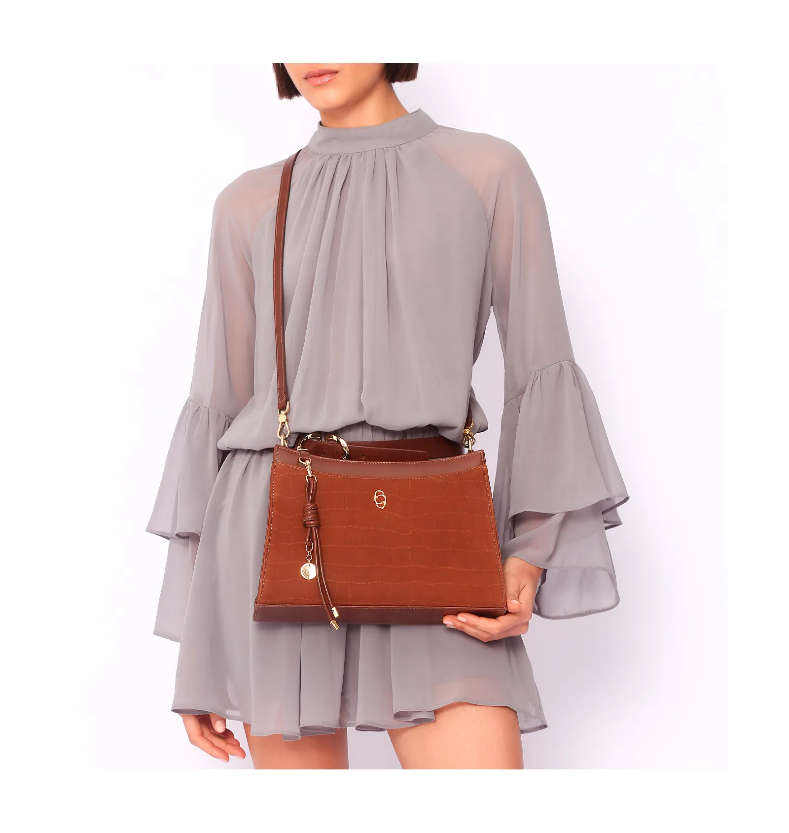 Bolsa De Ombro Couro Nobuck Croco/Couro Marrom