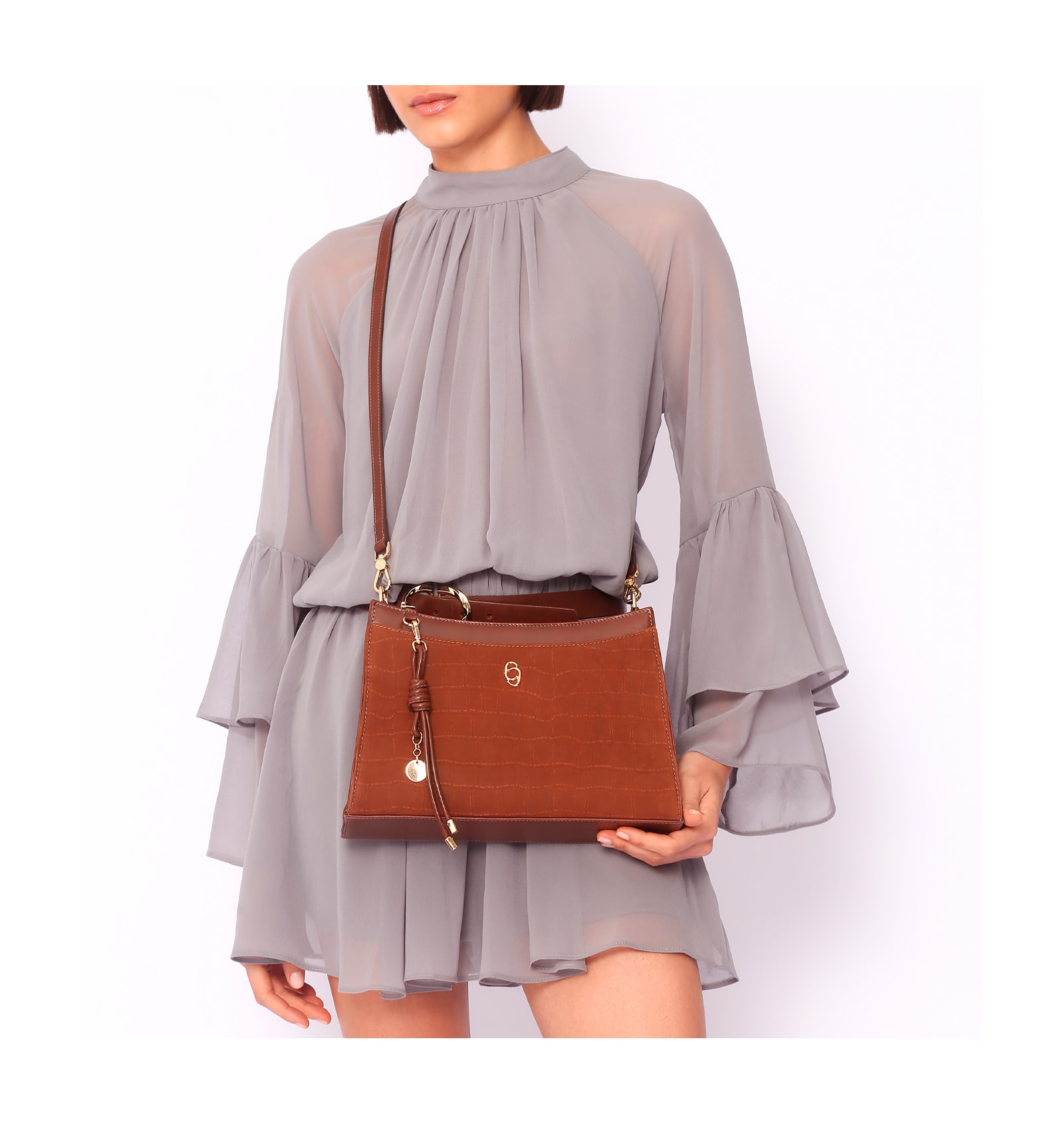 Bolsa De Ombro Couro Nobuck Croco/Couro Marrom